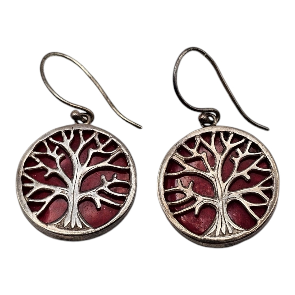 Mystical Tree of‎ Life Red Enamel Inlay .925 Sterling Silver Circle Earrings